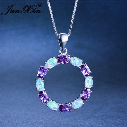 JUNXIN Minimalist Round Pendant Blue White Fire Opal Necklaces For Women White Gold Oval Purple Zircon Stone Clavicle Necklace