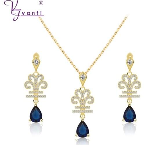 Kfvanfi Fashion Jewelry Woman Elegant Earrings Drop Trendy Earrings Dangle Blue Stone Necklace Crystal Pendant Jewelry Set