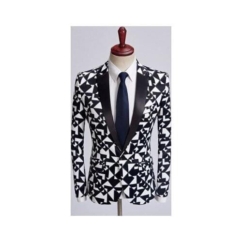 New Men Fashion Black White Triangle Pattern Blazer Slim Fit Designs Costume Homme Stage Clothes For Singers Suit Jacket