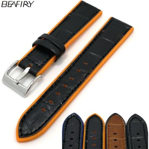 BEAFIRY Silicone+Leather Watch Band 20mm 22mm Waterproof Sweatproof Watchband Rubber Watch Strap black blue orange brown Belt