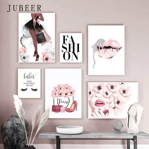 Pink Flower Perfume Fashion Poster Eyelash Lips Makeup Print Canvas Painting Modern Wall Painting Picture for Girl Room Wall Art