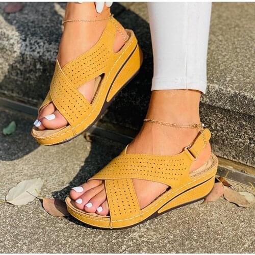2021 Women Sandals New Summer Shoes Woman Ladies Sewing Hollow Out Wedges Female Casual Pu Leather Comfortable Retro Sandalis