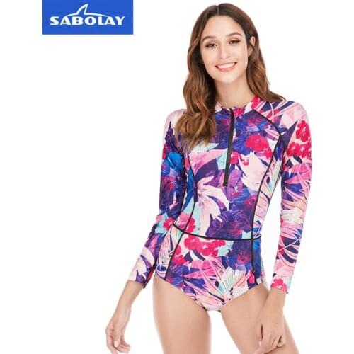 Sabolay Long Sleeve One Piece Womens Swimsuit Ins Super Fire Printed Large Quick Drying Slim Surfer