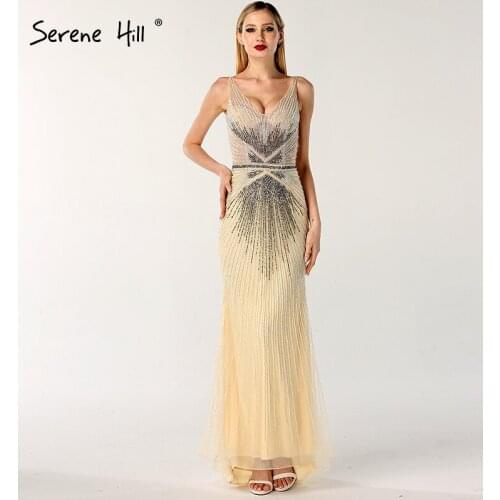 Dubai Gradation Color V-Neck Evening Dresses 2020 Full Crystal Sleeveless Sexy Serene Hill Dubai Robe De Soiree BLA60801