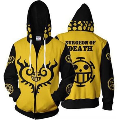 Japanese Anime One Piece Surgeon of Death Law Zipper 3D Hoodie Cosplay Costume Streetwear Hoodies Unisex Sweatshirt for Adults