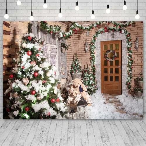 Avezano Backdrops Merry Christmas Tree Winter Mistletoe Wreath Toy Bear Photography Backgrounds Photo Studio Photozone Photocall
