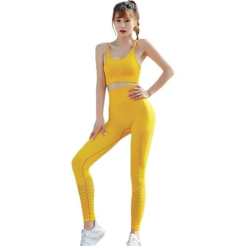 Yellow Women Fitness Yoga Sets Newest Seamless Sports Suits High Waist GYM Fitness Pants Sportswear Workout Bra+Leggings