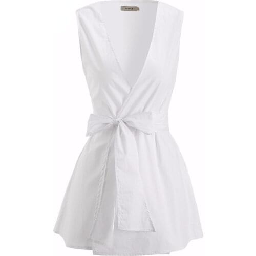 Clearance Women White Blouse Sleeveless With Sashes V Neck Woman Peplum Tops Shirt Blusas Plus Size 3XL Office Ladies Shirts