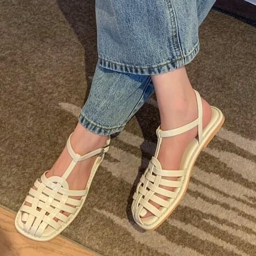 QZYERAI Summer Roman Style Genuine Leather Women Sandals Flat Woven Shoes Leisure Beach Sandals
