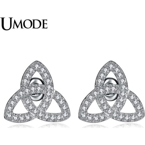 UMODE Fashion CZ Crystal Flower Triquetra Stud Earrings for Women White Gold Zircon Trinity Knot Pendientes Mujer Moda AUE0324
