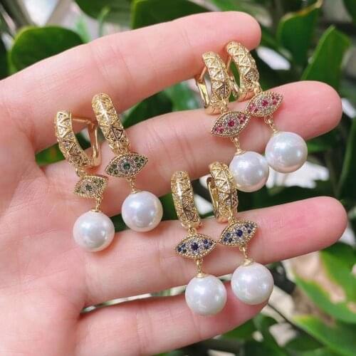 3 Pairs, Fashion Jewelry Pearl Shell Drop Earrings CZ Pave Eye Dangle Earring For Women Shiny Crystal Zircon Wedding Elegant