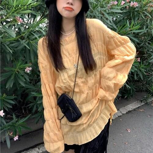 T-shirts Women Long Puff Sleeve Thin Summer Sun Proof Shirring Design 2021 Girls Loose Tops Fashion Leisure Street Ulzzang Chic