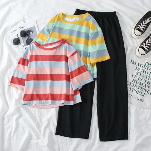 Korean Fashion T-shirt Wide Pants Sets Summer Womens Suit Clothing Casual Oversize Sweatshirt 2 Piece Set Women Cropped Setup