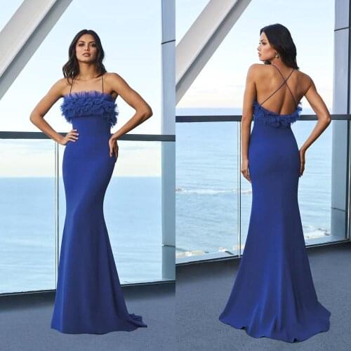 Royal Blue Designer Evening Dresses Strap Mermaid Prom Dress Tulle and Satin Custom Made Sweep Train Party Dress