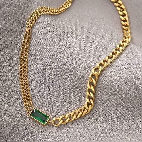 Vintage Green Crystal Women Charm Necklace Stainless Steel Multi-layer Chain Necklaces Fashion Jewelry Decor