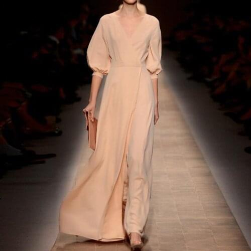 Vintage V-neck Puff Sleeve Pleated Summer Dress 2021 Women Runway Designers Elegant Draped Pleated Long Dresses Vestidos Mujer