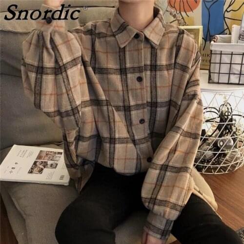 2021 Women Early Autumn Plaid Wool Shirt Coat Jacket Oversize Lapel Collar Woolen Overshirt Single Breasted Outwear