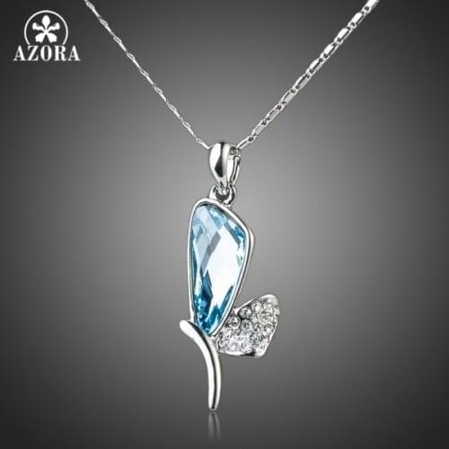 AZORA White Gold Color Bule Stellux Austrian Crystal Dragonfly Wings Pendant Necklace TN0068