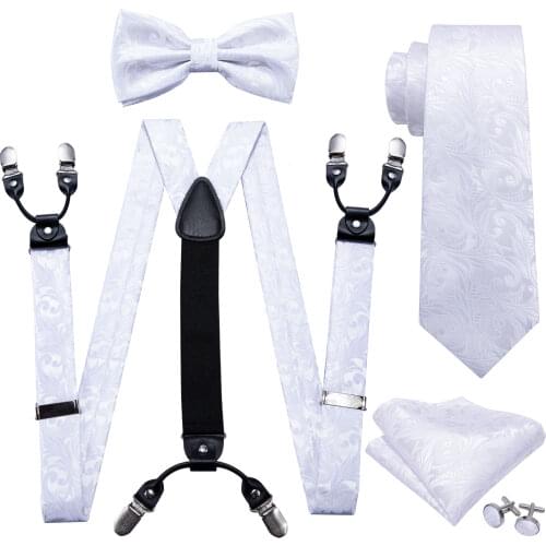 White Paisley Pre-Bow Tie Silk Ties For Men Suspenders Handkerchief Cufflink Set Barry.Wang Fahsion Designer Wedding Gift S-2006