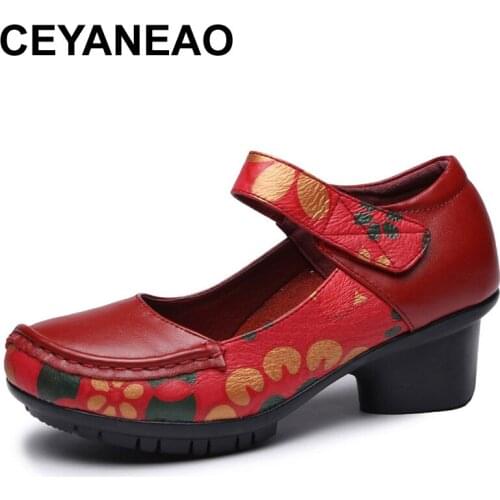 CEYANEAO2019Vintage Ethnic Style Women Pump Genuine Leather Thick Heel Women Shoes Spring Autumn Shallow Mother Shoes 35-41E1511