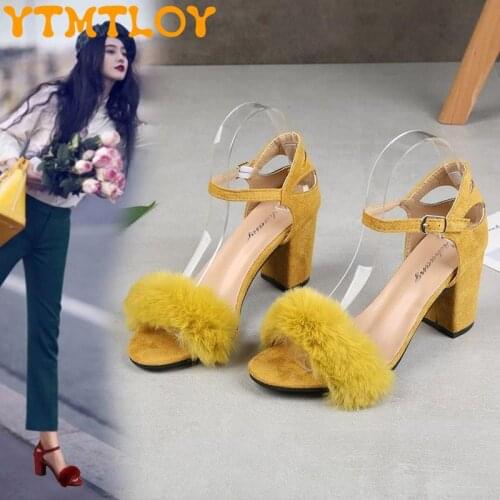 Classic35-43 European And American Roman Style Furry Open Toe Fashion Fairy Tale Style Buckle High-heeled Large Size Womens Sho