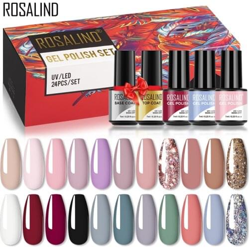 ROSALIND 24PCS Gel Nail Polish Set Vernis Semi Permanent Gel Polish Nail Kits UV LED Soak Off Hybrid Lacquer All For Manicure