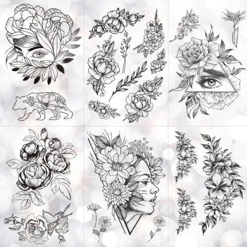 Geometric Flower Rose Eye Leaves Waterproof Temporary Tattoo Sticker Diamond Peony Black Tattoos Body Art Arm Fake Tatoo