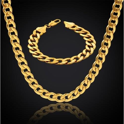 Hip Hop Cuban Link Chain Necklace & Bracelet Set For Men Gift Wholesale African Dubai Gold Color Stainless Steel Jewelry Sets