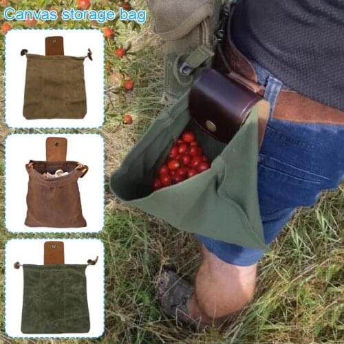 Canvas Waist Bag with Leather Cover & Buckle Foldable Heavy Duty Tool Pouch with Drawstring for Outdoors Camping CLH@8