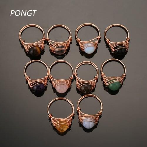 Boho Natural Stone Ring Rose Gold Color Wire Wrapped Rings For Women Opal Ring Reiki Healing Fashion Jewelry 18mm-19mm