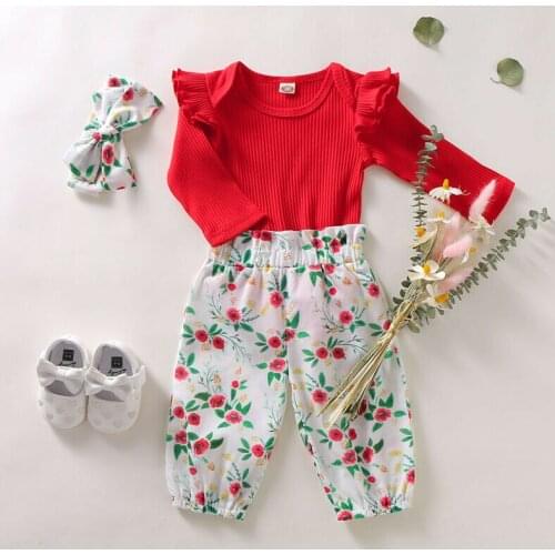 Baby 3PCS Outfit Set Long Sleeve Solid Color Ribbed Romper Long Floral Printed Pants Bow Hair Band Set 0-18 Months
