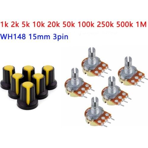 5pcs/lot WH148 Kit Carbon Film Potentiometer 15mm 3pin B1K 2K 5K 10K 20K 50K 100K 250K 500K 1M Rotary Switch Knob Cap yellow
