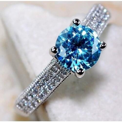 Fashion Women Promise Jewelry Sky Blue Round Cut Zircon Rings for Wedding Engagement