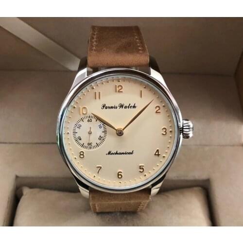 Sapphire crystal or Mineral glass 44mm PARNIS Milk- yellow dial Asian 6497 Mechanical movement mens watch pa209-p8