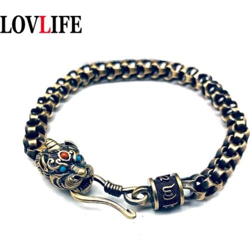Pure Brass Mantra Beaded Bracelet with God Beast Pixiu Charm for Men Buddhist Jewelry Vintage Punk Hip-Hop Bangle Chain Bracelet