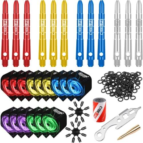 CyeeLife Dart Accessories Kit,12 Aluminium Shafts 4 Colors+15 Flights+50 Rubber Rings&2 Tools+16 Plastic Protectors+Sharpener
