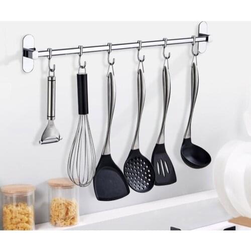 2019 new stainless steel 9 hook Kitchen punch-free hook frame multi-function activity hook type hook storage rack Storage rod C6