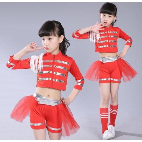 New Girls Sexy Modern Dance Cheerleading Dance Costumes Kids Group Dance Red Jazz Ballroom Tango Dress Children Dance Clothes