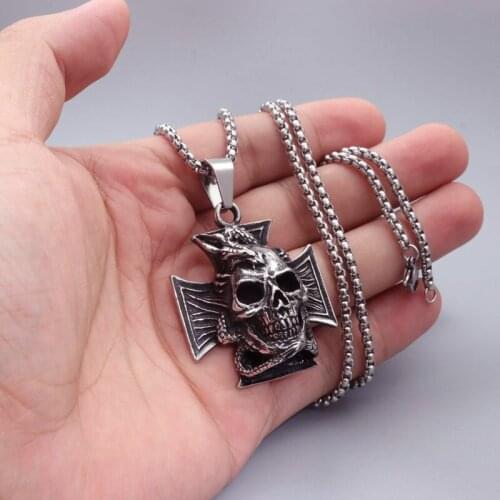 Gothic Stainless Steel Cross Skull Pendant Necklace for Men Women Hip Hop Corss Ghost Necklace Fashion Punk Biker Jewelry Gift