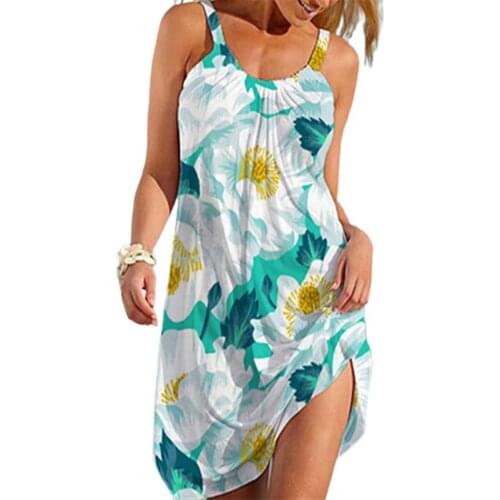 Summer Sexy Women Dress Sleeveless Beach Dress Sundress Floral Print Over Knee A Line Dress Plus Size Female Dresses Vestidos