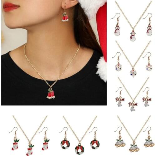 Christmas Cute Enamel Colorful Socks Deer Snowmen Bell Cartoon Drop Oil Color Earrings and Necklace Set Fashion Jewelry Gifts
