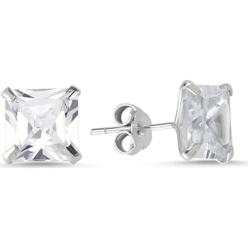 Silver 925 Sterling 7mm Square Zircon Engagement Earrings