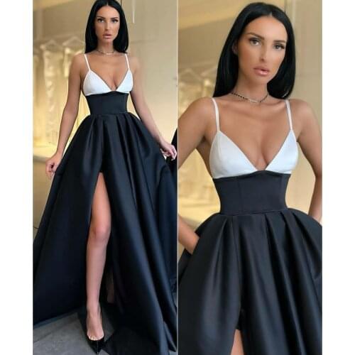 Sexy Long Satin Black Prom Dresses with Slit Criss Cross Back V-Neck Pleated Robe De Soiree Red Formal Party Gown