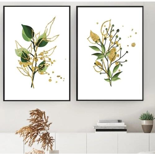 Modern Green Leaf Canvas Painting Wall Art Nordic Gold Floral Minimalist Interior Decor Posters Print Pictures For Living Room