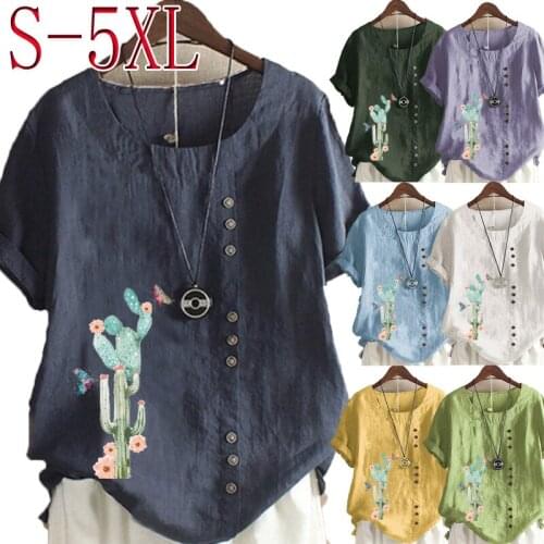 Womens Fashion Summer New Cactus Printed Short Sleeve T-shirt Casual Round Neck Tops Loose Solid Color Blouse