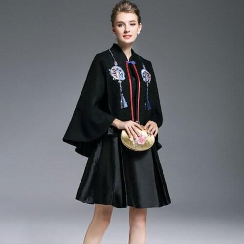 Plus size 2017 Winter Coat women Cloak new national wind wool Blend cloak Womens heavy embroidery tassel decoration bat coats