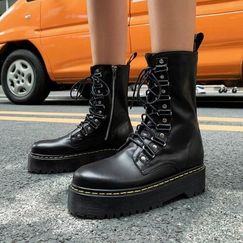New Handmade Genuine Leather Chunky Platform Crossed Tied Round Toe Women Boots Height Increasing Thick Sole Lace Up Ankle Boots