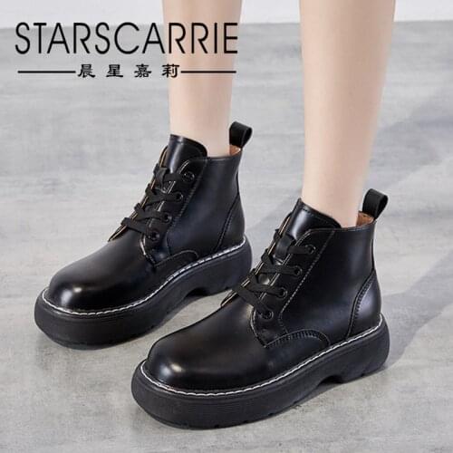 2021 New Riding Boots Womens Short Boots Lace-up British Small Leather Shoes Thick-soled Round Toe Increased Leather Boots