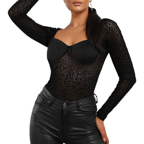 Playsuit Long Sleeve Tops Leopard Printed See Through Black Women Bodysuit Romper Sexy Square Neck Bodysuit For Ladies D30