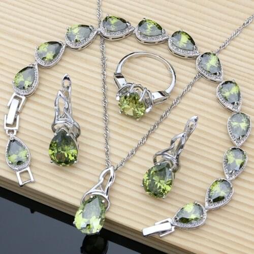 Vintage 925 Sterling Silver Bridal Jewelry Sets Olive Green Jewelry Kits for Women Bracelet Kit Earrings and Ring Fashion